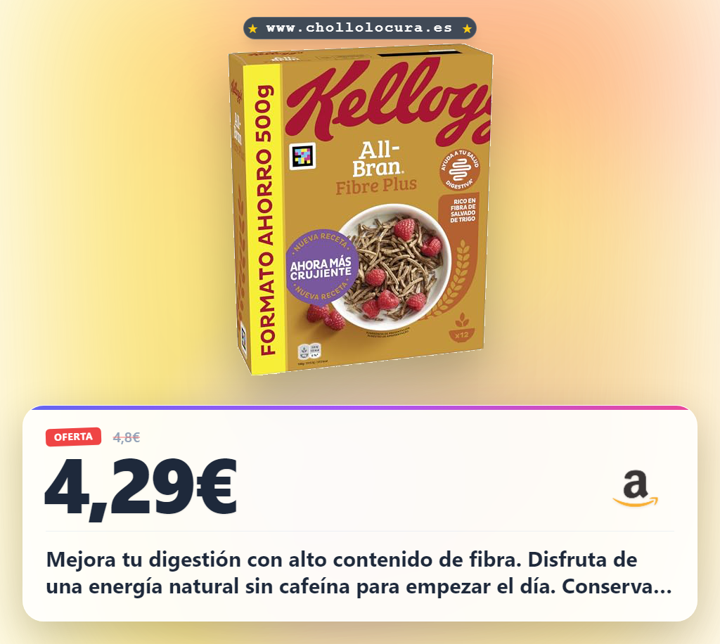 Disfruta de la fibra con Kellogg's All Bran Fibre Plus 500g sin cafeína al mejor precio