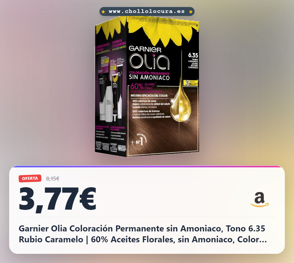 Garnier Olia Coloración Permanente sin Amoniaco, Tono 6.35 Rubio Caramelo | 60% Aceites Florales, sin Amoniaco, Color Intenso y Brillante, 100% Cobertura de Canas, Cabello Cuidado, Olia