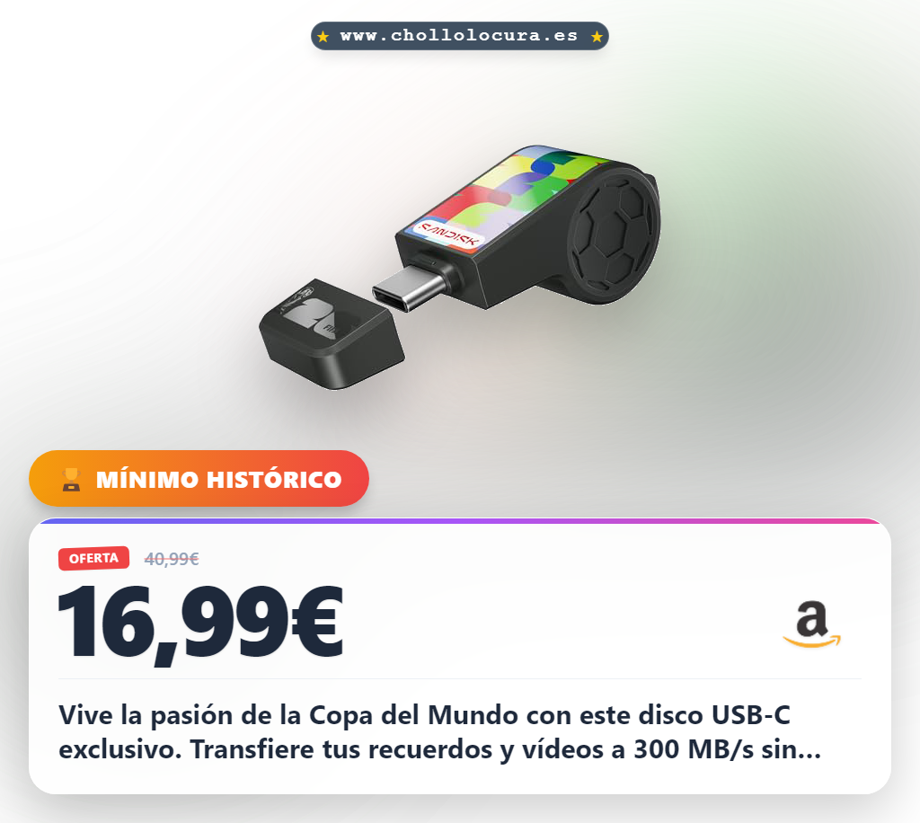 Vive la pasión de la Copa del Mundo con este disco USB-C exclusivo. Transfiere tus recuerdos y vídeos a 300 MB/s sin límites. Lleva tu equipo a donde vayas con un diseño único y fácil de llevar.