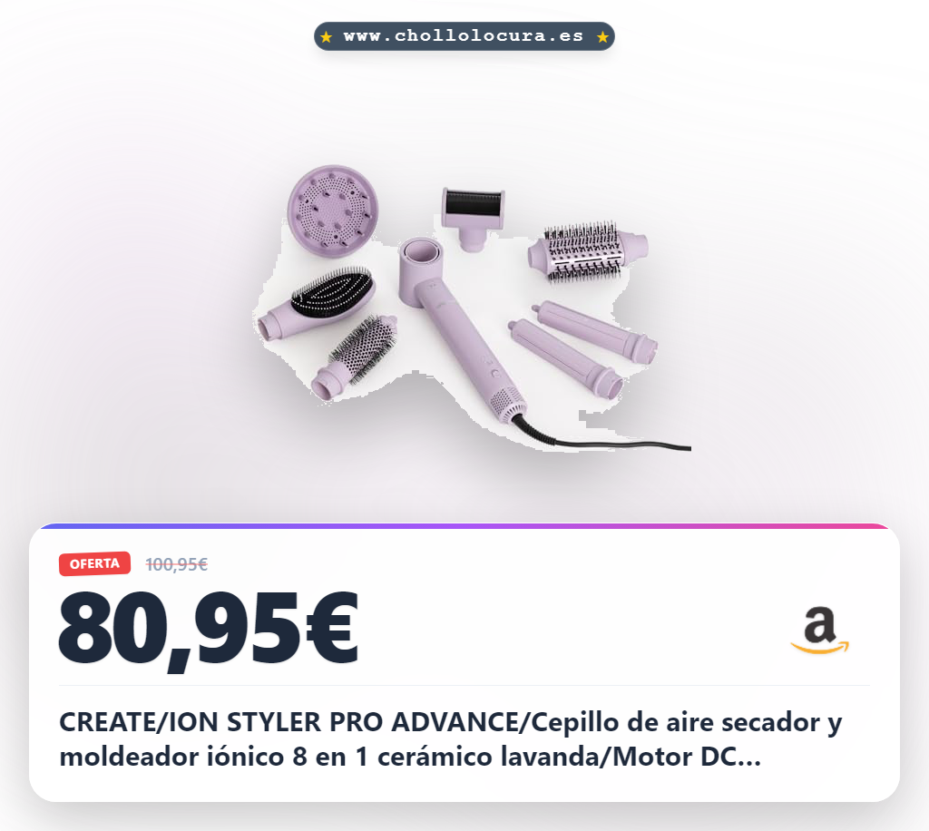 CREATE/ION STYLER PRO ADVANCE/Cepillo de aire secador y moldeador iónico 8 en 1 cerámico lavanda/Motor DC Brushless, 2 velocidades, 3 temperaturas, función frío, estuche de almacenaje, 1400W