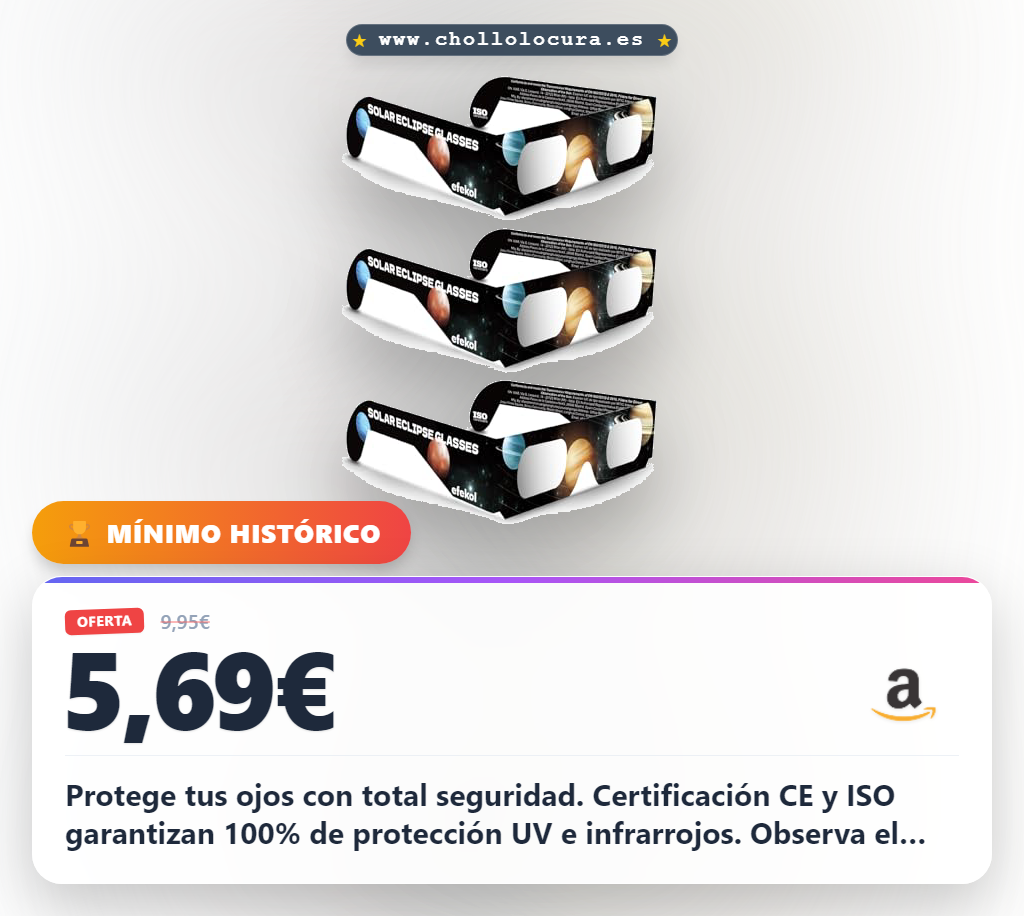 Consigue gafas eclipse solar certificadas CE y ISO para observación segura del 12/8/2026 al mejor precio