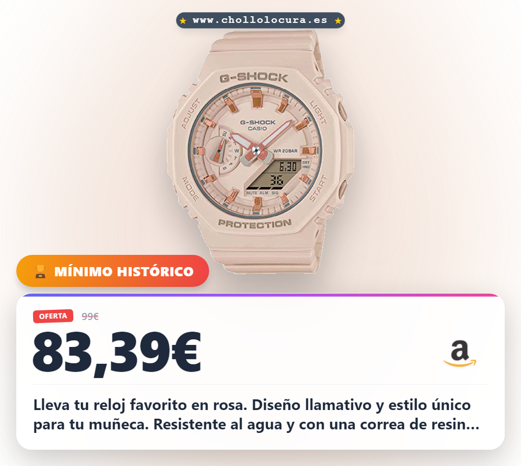 Consigue tu reloj Casio 46mm rosa con dial analógico-digital y correa de resina cómoda en oferta