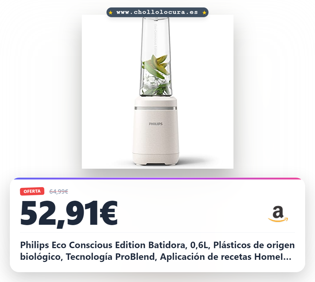 Philips Eco Conscious Edition Batidora, 0,6L, Plásticos de origen biológico, Tecnología ProBlend, Aplicación de recetas HomeID, HR2500/00