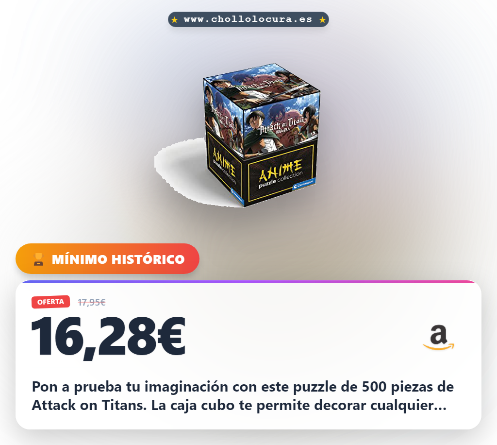 Pon a prueba tu imaginación con este puzzle de 500 piezas de Attack on Titans. La caja cubo te permite decorar cualquier rincón y disfrutar de la colección completa. Hecho con materiales reciclables y calidad italiana. ¡Una forma divertida y ecológica de decorar tu espacio!