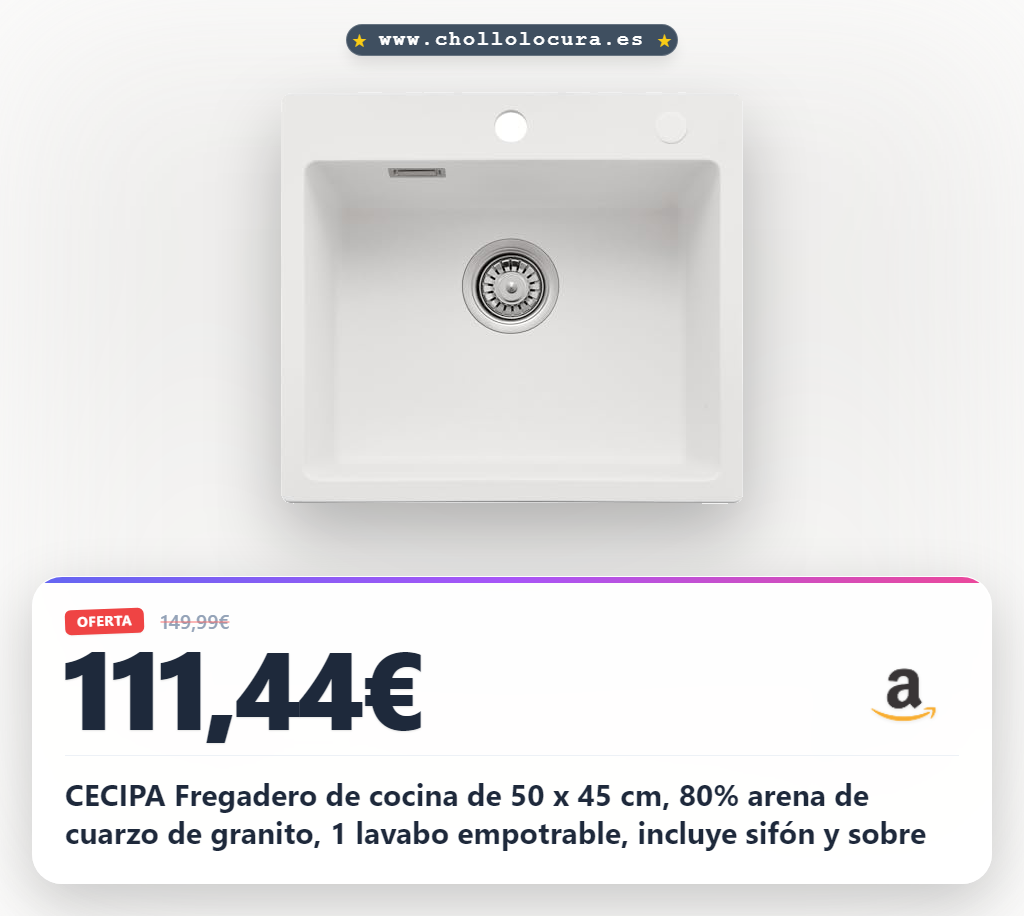 CECIPA Fregadero de cocina de 50 x 45 cm, 80% arena de cuarzo de granito, 1 lavabo empotrable, incluye sifón y sobre