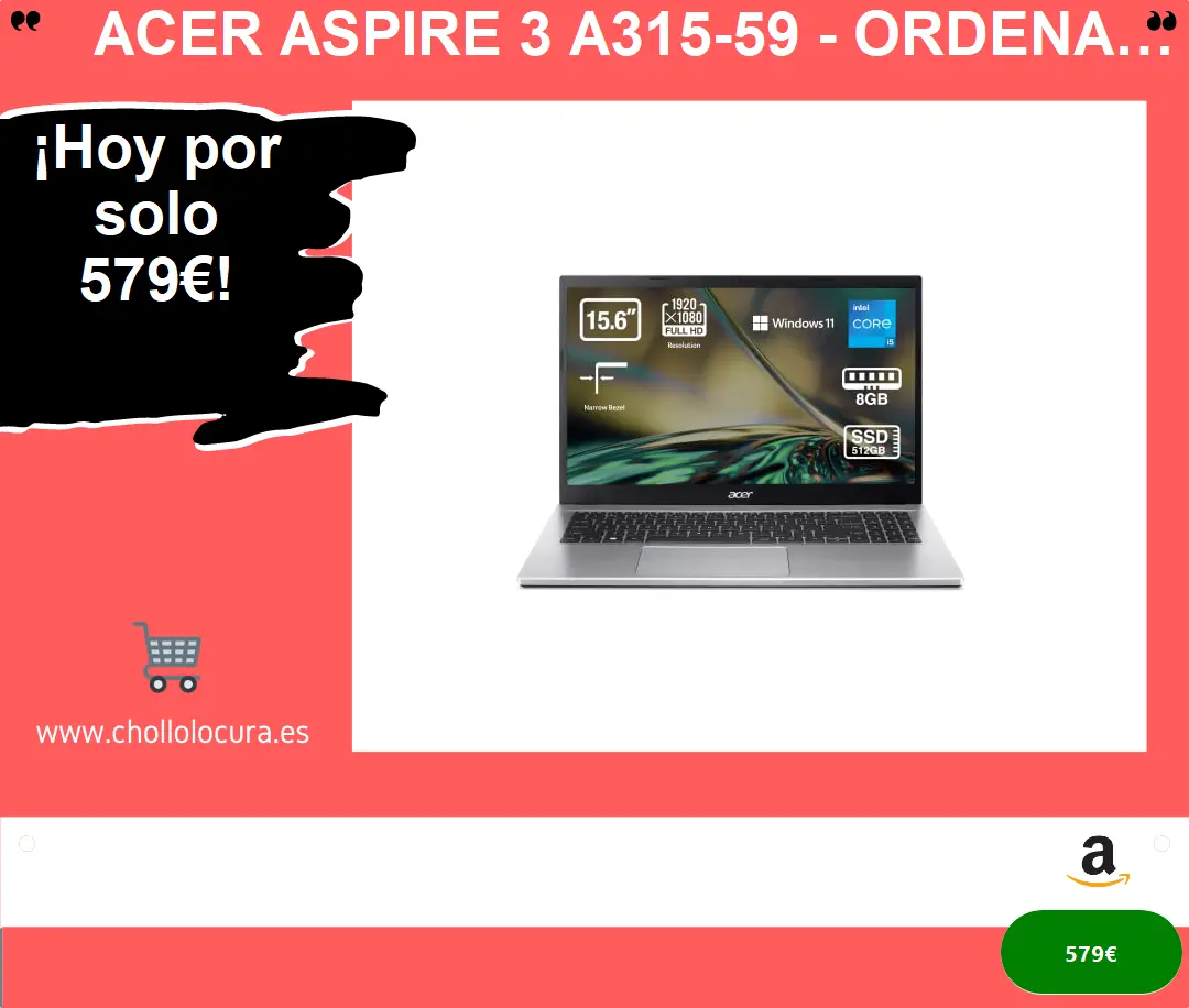 Acer Aspire 3 A315-59 - Ordenador Portátil de 15.6” Full HD (Intel Core i5-1235U, 12 GB RAM, 512 GB SSD, Intel Iris Xe Graphics, Windows 11) Color Plata - Teclado QWERTY Español