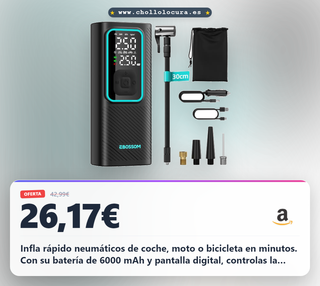 Consigue compresor aire portátil 10,3Bar con batería 6000 mAh y luz LED para coche, moto y bici.