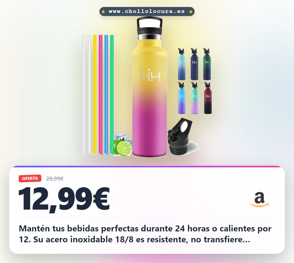 Ahorra con esta botella térmica 1000 ml de acero inoxidable y doble pared. Mantiene tus bebidas frías 24 horas. ¡Perfecta para el gimnasio!