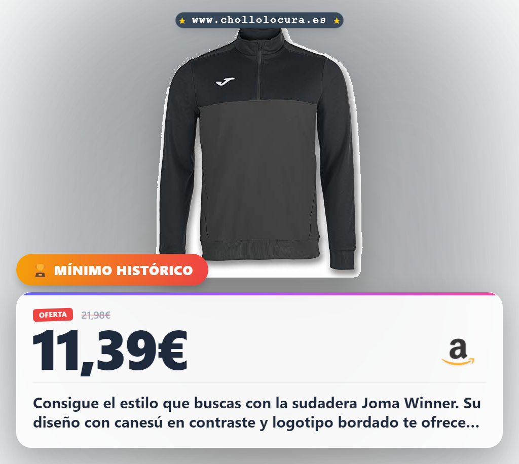 Aprovecha la sudadera Joma Winner con canesú en contraste y logotipo bordado al mejor precio de chollo