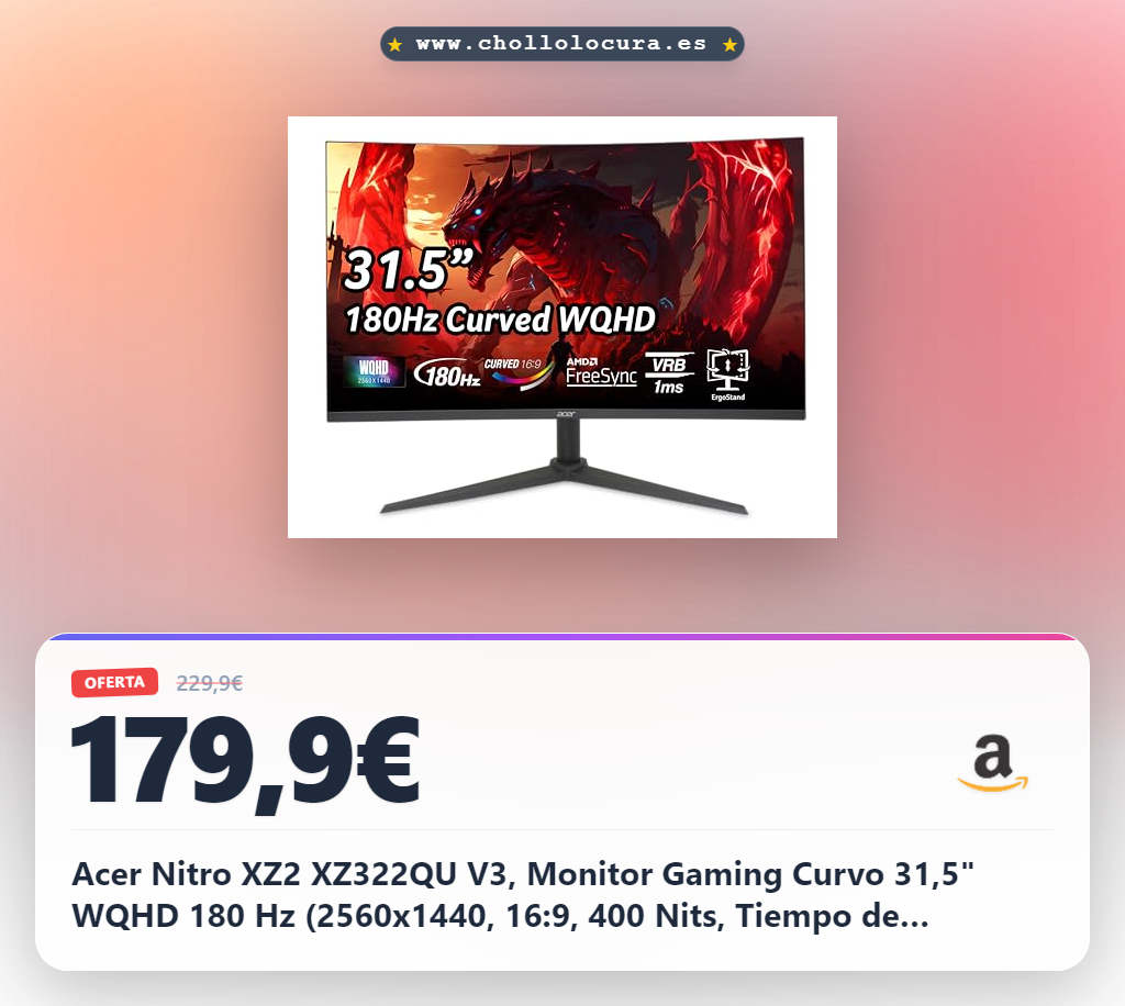 Acer Nitro XZ2 XZ322QU V3, Monitor Gaming Curvo 31,5" WQHD 180 Hz (2560x1440, 16:9, 400 Nits, Tiempo de Respuesta 1 ms (VRB), AMD FreeSync, 1xHDMI, 1xDP 1.4), Monitor PC, Color Negro