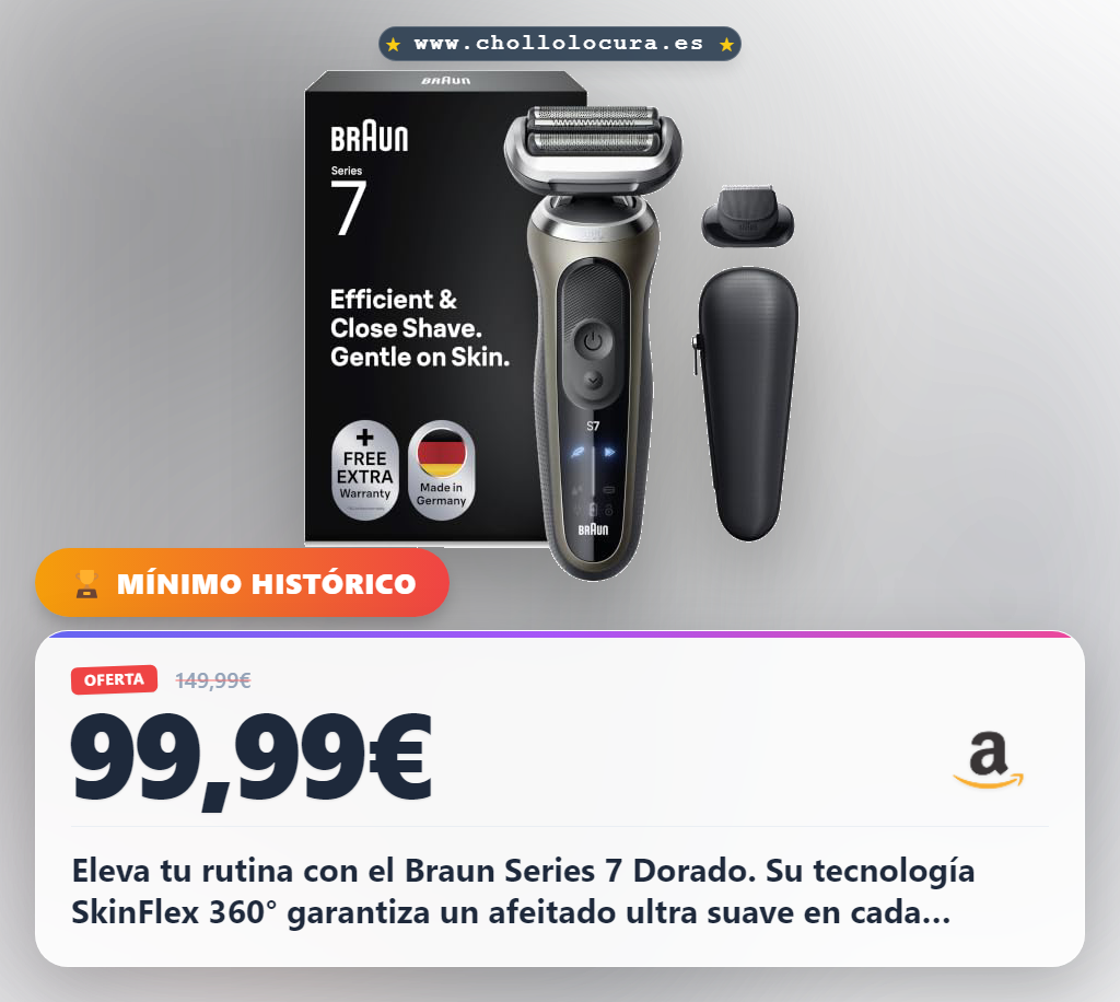 Disfruta del afeitado perfecto con Braun Series 7 Dorada: 60min autonomía y SkinFlex 360° en oferta histórica.