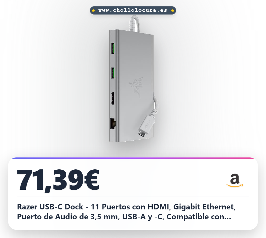 Razer USB-C Dock - 11 Puertos con HDMI, Gigabit Ethernet, Puerto de Audio de 3,5 mm, USB-A y -C, Compatible con Windows y Mac (Salida de Pantalla con 4K, Sonido Envolvente 7.1) Mercury