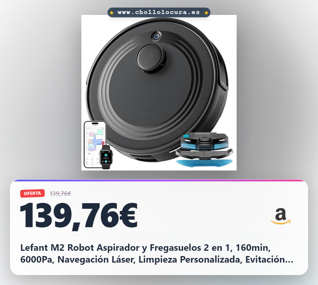 Lefant M2 Robot Aspirador y Fregasuelos 2 en 1, 160min, 6000Pa, Navegación Láser, Limpieza Personalizada, Evitación PSD, Ideal para Limpiar Pelo de Mascotas y Suelos Duros, Negro