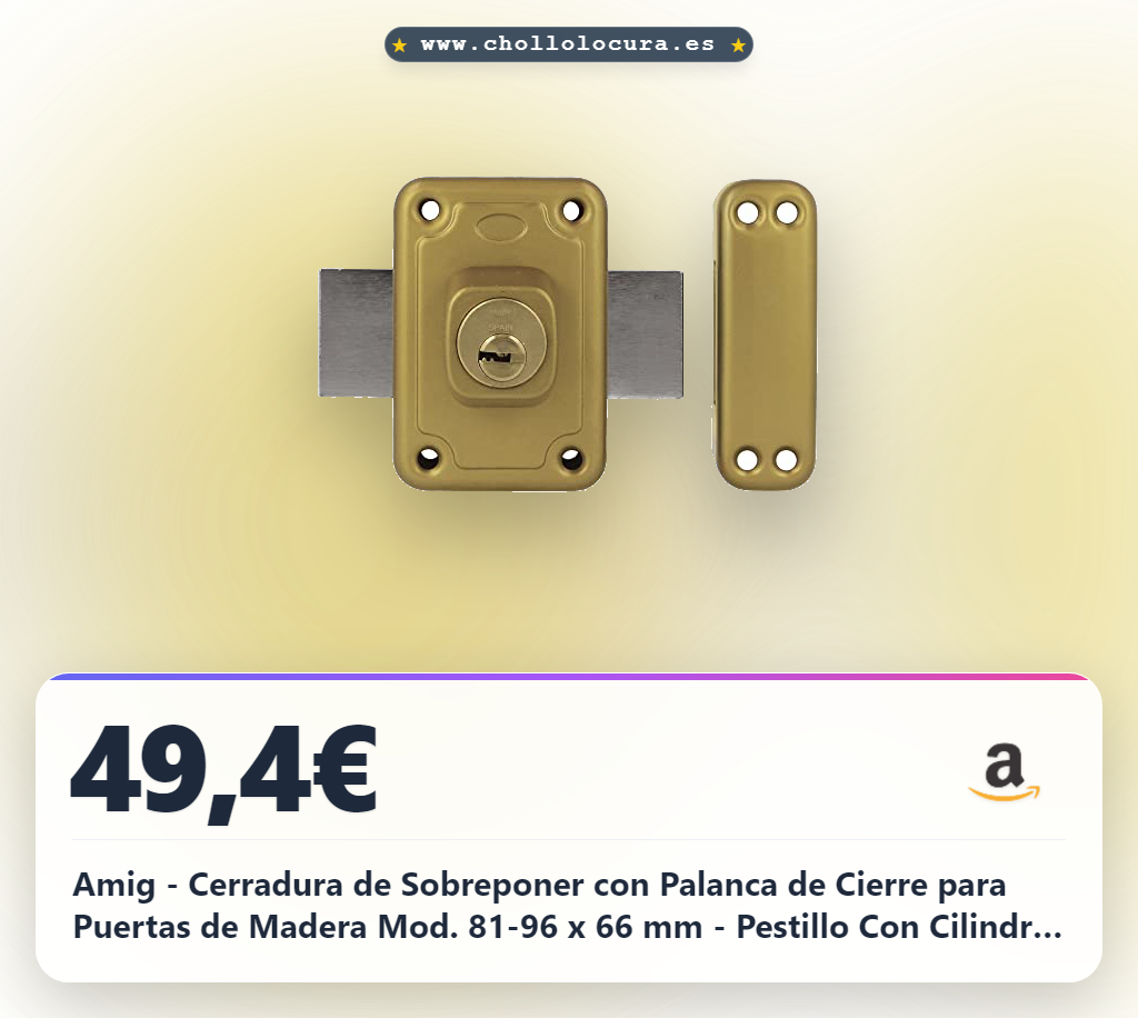 Protege tu puerta de madera con la cerradura Amig. Su acero es resistente a la corrosión y ofrece máxima seguridad. Instálala tú mismo con facilidad y disfruta de un acabado dorado premium.