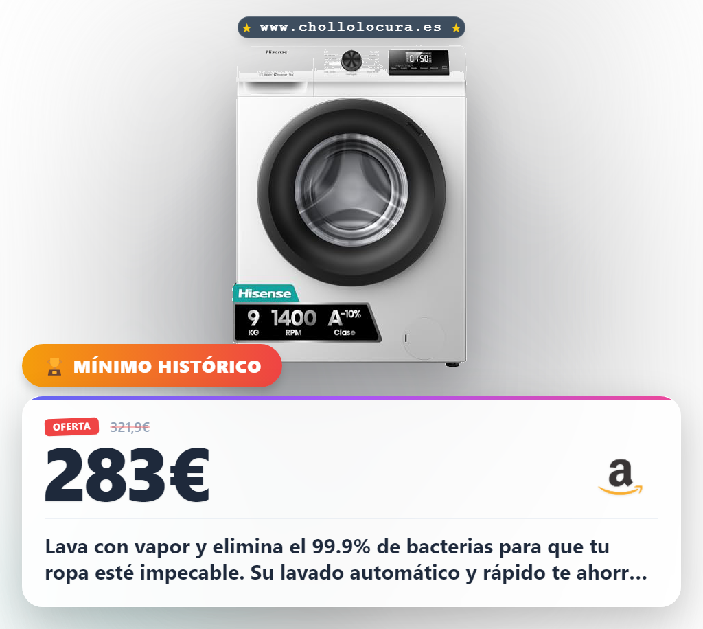 Obtén la lavadora Hisense WF1Q9041BW de 9Kg con Vapor 99.9% y motor Inverter en oferta histórica
