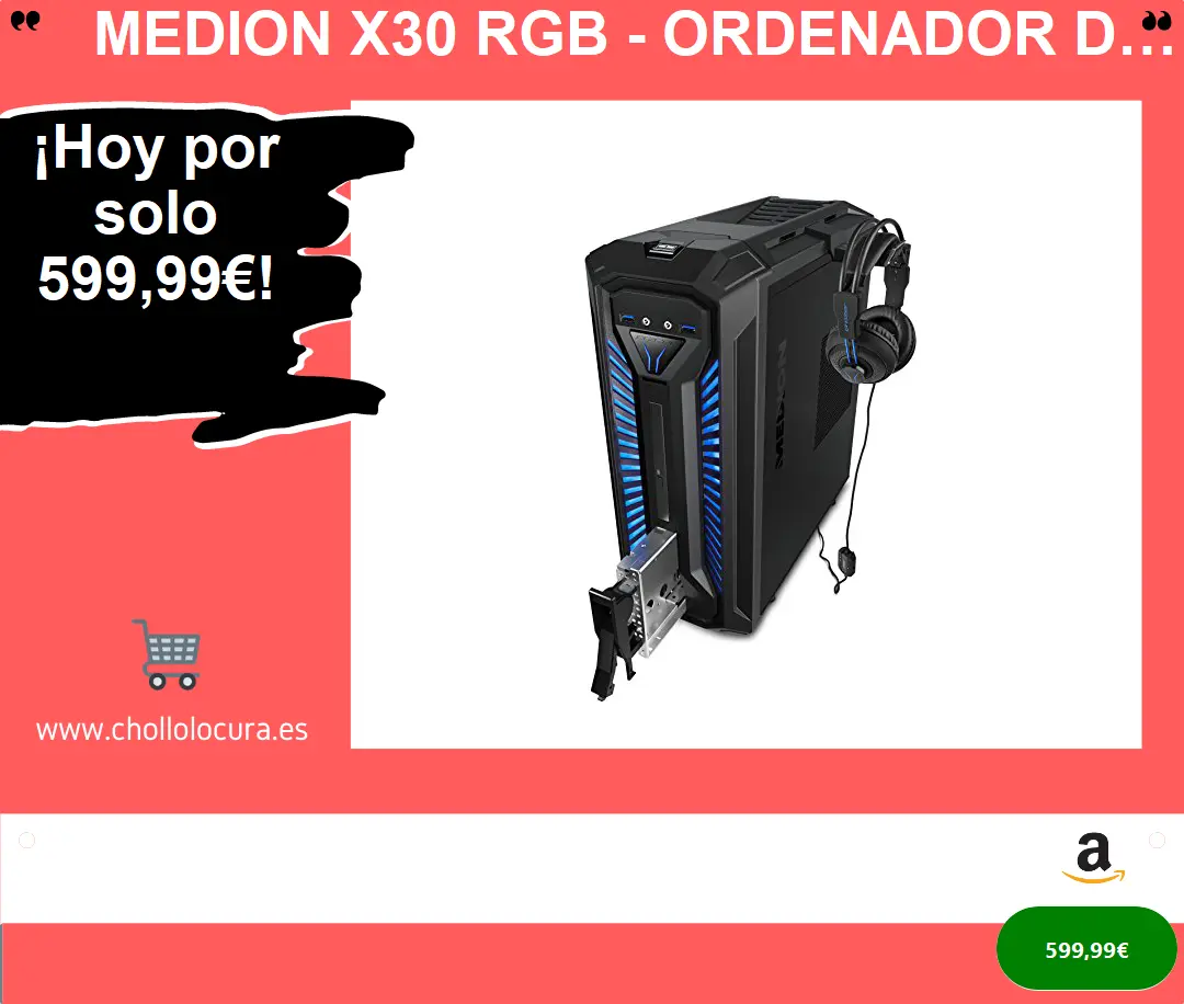 MEDION X30 RGB - Ordenador de sobremesa gaming (Intel Core i5-9400, 16GB RAM, 1TB HDD + 256GB SSD, Nvidia GTX1050Ti-4GB, Windows 10) Negro