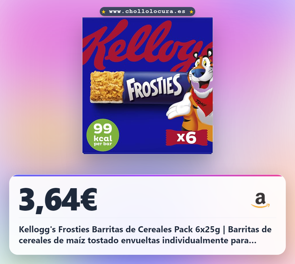 Kellogg's Frosties Barritas de Cereales Pack 6x25g | Barritas de cereales de maíz tostado envueltas individualmente para cualquier ocasión, una fuente de calcio y vitamina D