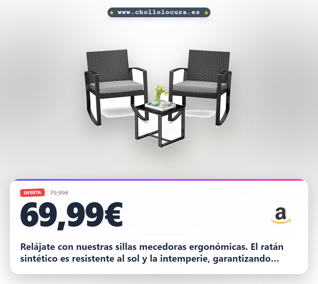 Disfruta este conjunto de 3 muebles de jardín: 2 mecedoras de ratán sintético y cojines resistentes al agua para tu terraza.