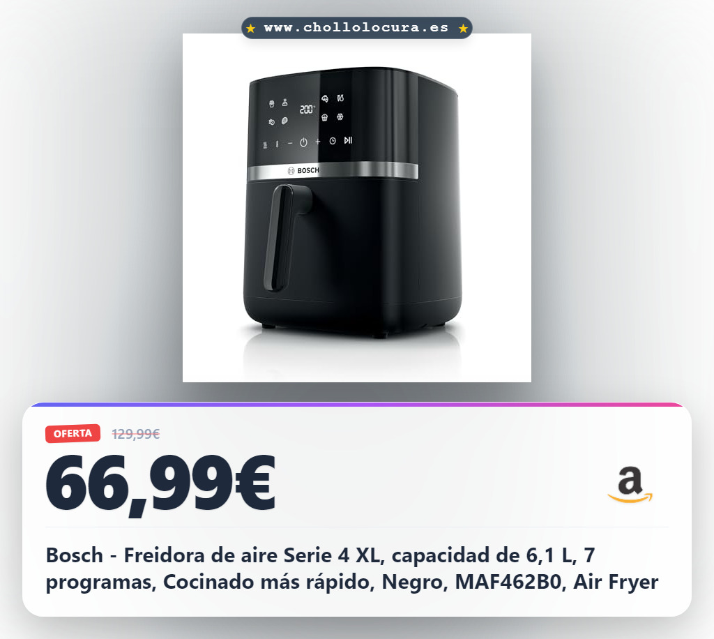 Bosch - Freidora de aire Serie 4 XL, capacidad de 6,1 L, 7 programas, Cocinado más rápido, Negro, MAF462B0, Air Fryer