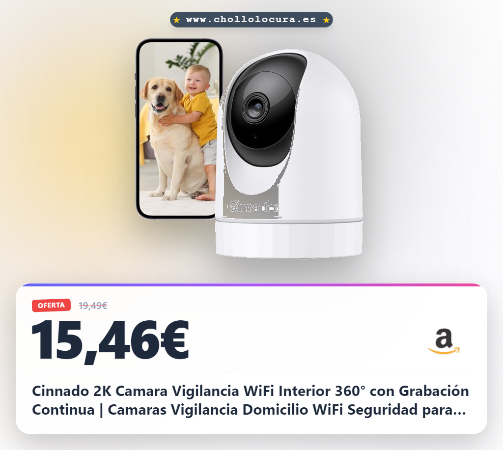 Cinnado 2K Camara Vigilancia WiFi Interior 360° con Grabación Continua | Camaras Vigilancia Domicilio WiFi Seguridad para Perro/Mascotas/Hogar, Seguimiento de Movimiento, Visión Nocturna, 1P