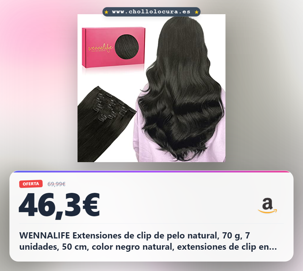 WENNALIFE Extensiones de clip de pelo natural, 70 g, 7 unidades, 50 cm, color negro natural, extensiones de clip en clip