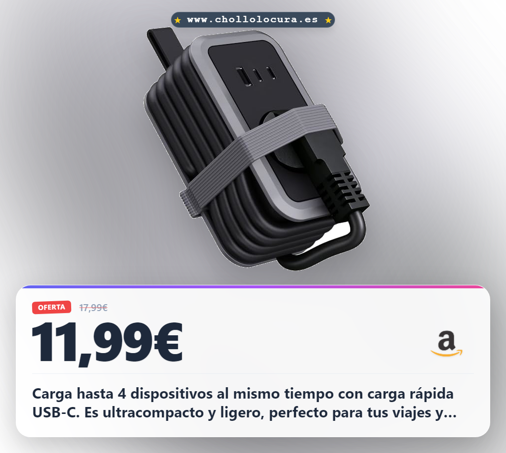 Aprovecha esta regleta portátil 4 en 1 con carga rápida USB-C y cable enrollable a precio de chollo para tus viajes y oficina.