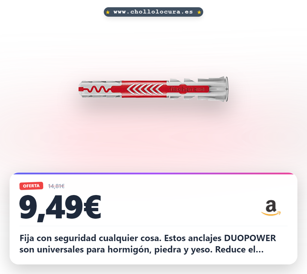 Llévate la caja de 50 tacos Fischer DUOPOWER 8x65 para fijar en cualquier material a precio de chollo y mejor calidad hoy.