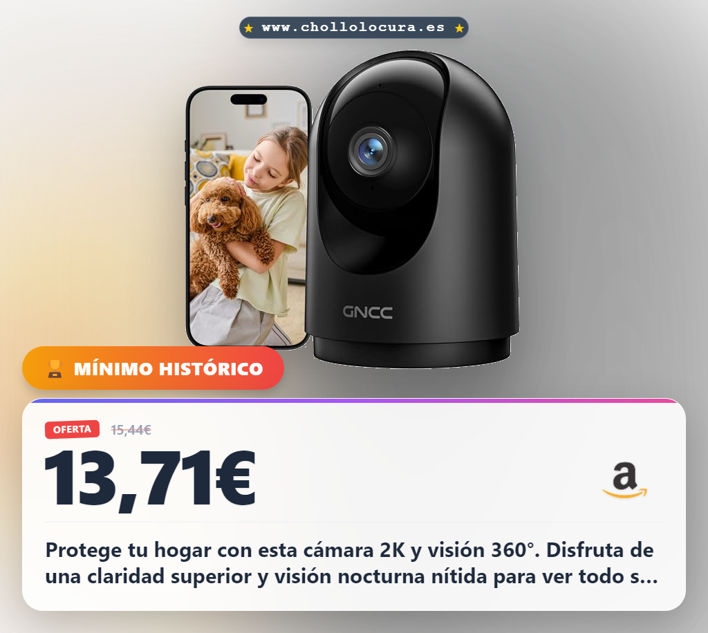 Aprovecha esta cámara GNCC WiFi 2K con visión nocturna 360° y alertas inteligentes. Accede a la seguridad total al mejor precio