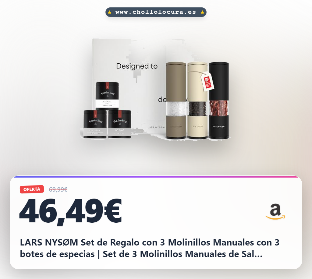 LARS NYSØM Set de Regalo con 3 Molinillos Manuales con 3 botes de especias | Set de 3 Molinillos Manuales de Sal Pimienta y Chile - con 3 Tarros de Especias - Juego de Regalo con Estuche Elegante