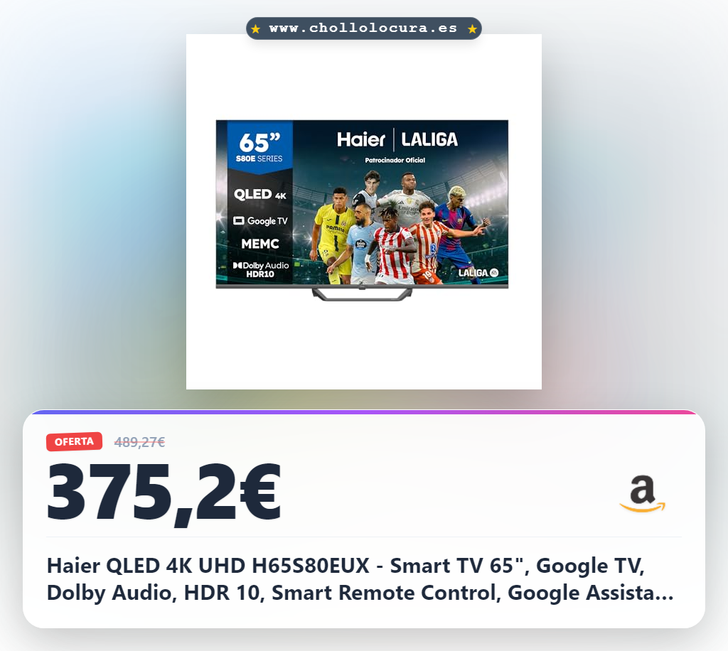 Haier QLED 4K UHD H65S80EUX - Smart TV 65", Google TV, Dolby Audio, HDR 10, Smart Remote Control, Google Assistant, Bluetooth 5.1, DBX TV, HDMI 2.1 x 4, Sin Marcos, 2024