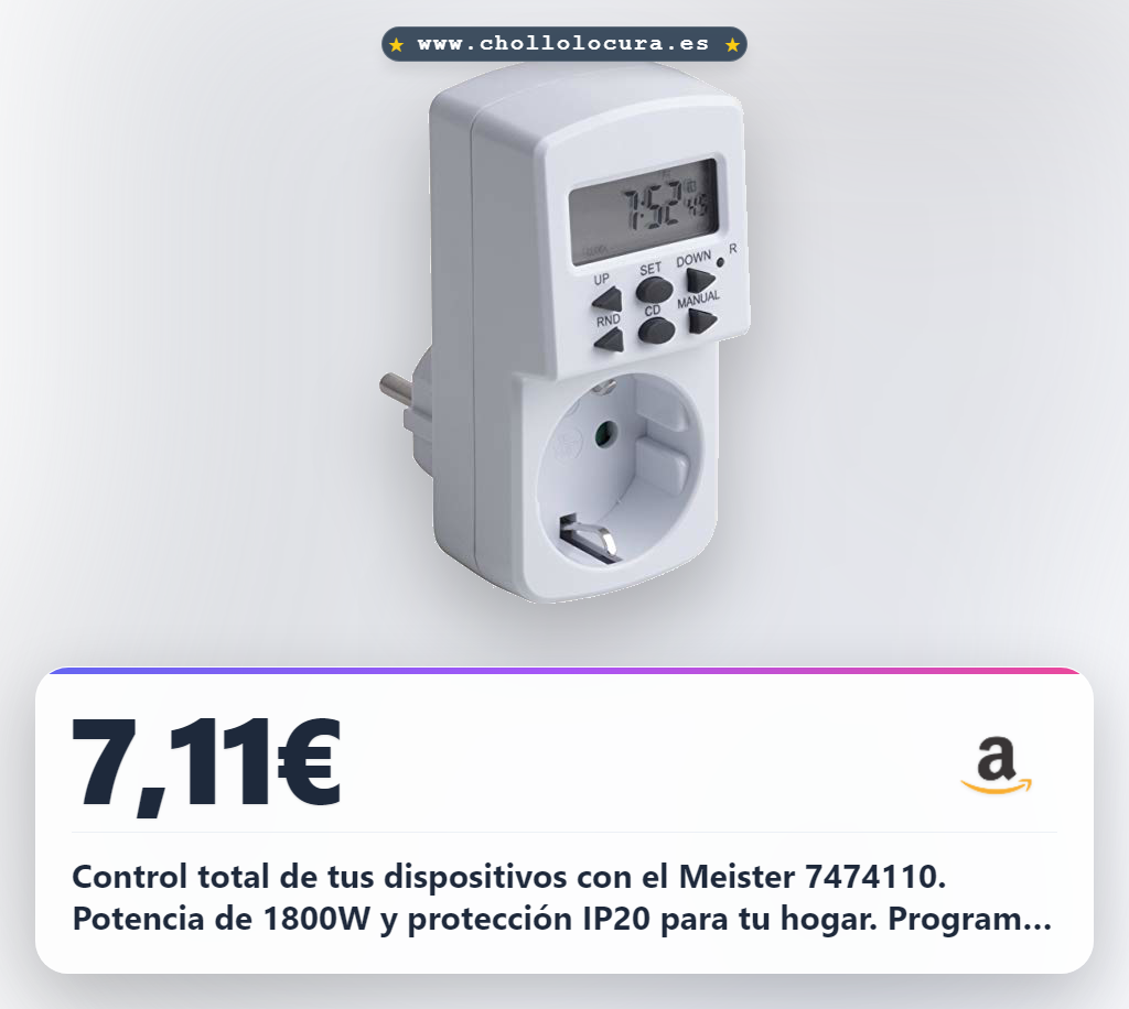 Encuentra el temporizador digital semanal Meister 1800W IP20 programable para ahorrar energía y control remoto