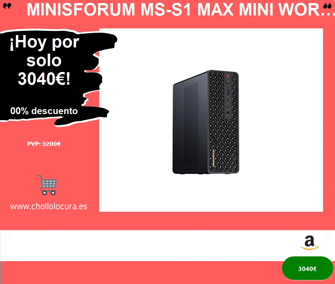 MINISFORUM MS-S1 MAX Mini Workstation, AMD Ryzen Al MAX+ 395 16C/32T hasta 5,1 GHz y AMD Radeon 8060S Graphics, 128GB LPDDR5x/2 TB PCIe 4.0 SSD, HDMI/2 x USB4/2 x USB4 V2, 2 x 10G LAN, Wi-Fi7, BT5.4