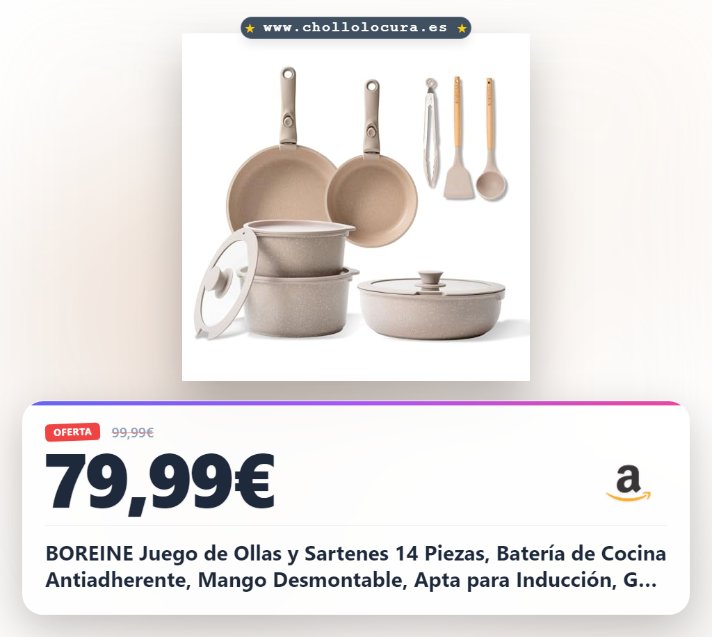 BOREINE Juego de Ollas y Sartenes 14 Piezas, Batería de Cocina Antiadherente, Mango Desmontable, Apta para Inducción, Gas, Vitrocerámica y Horno, No Tóxico Sin PFOA, Marrón