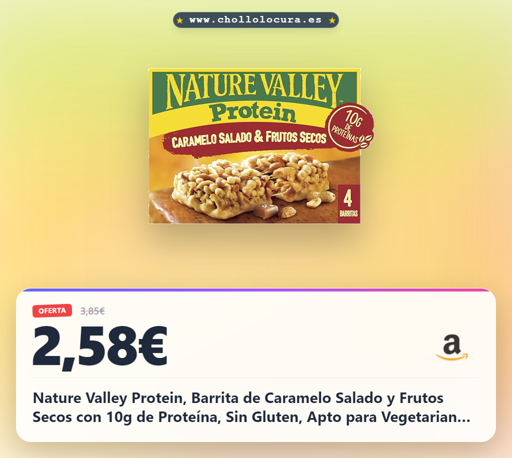 Nature Valley Protein, Barrita de Caramelo Salado y Frutos Secos con 10g de Proteína, Sin Gluten, Apto para Vegetarianos, 4x40g