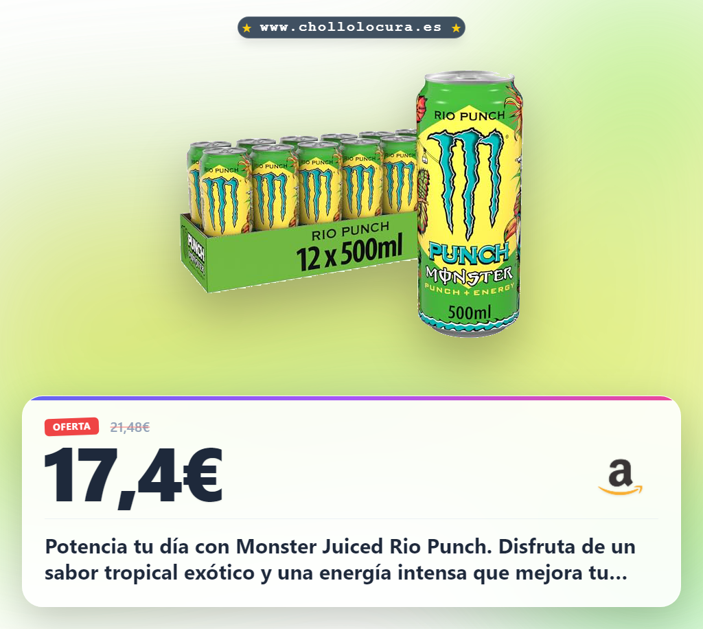 Aprovecha el pack de 12 latas de Monster Juiced Rio Punch sin azúcar. Consigue energía tropical y sabor exótico al mejor precio.