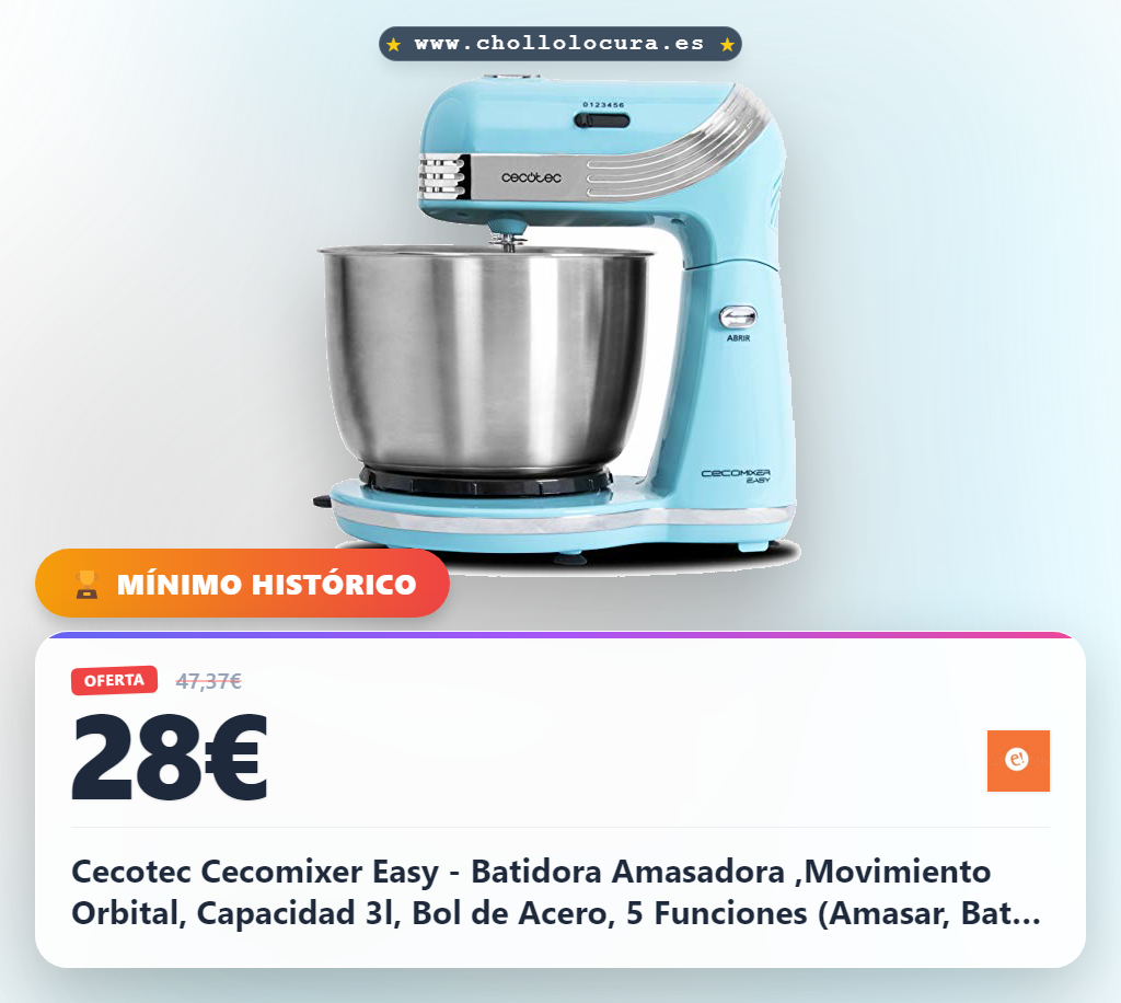 Cecotec Cecomixer Easy - Batidora Amasadora ,Movimiento Orbital, Capacidad 3l, Bol de Acero, 5 Funciones (Amasar, Batir, Mezclar, Montar, Emulsionar) 6 Velocidades, 250 W