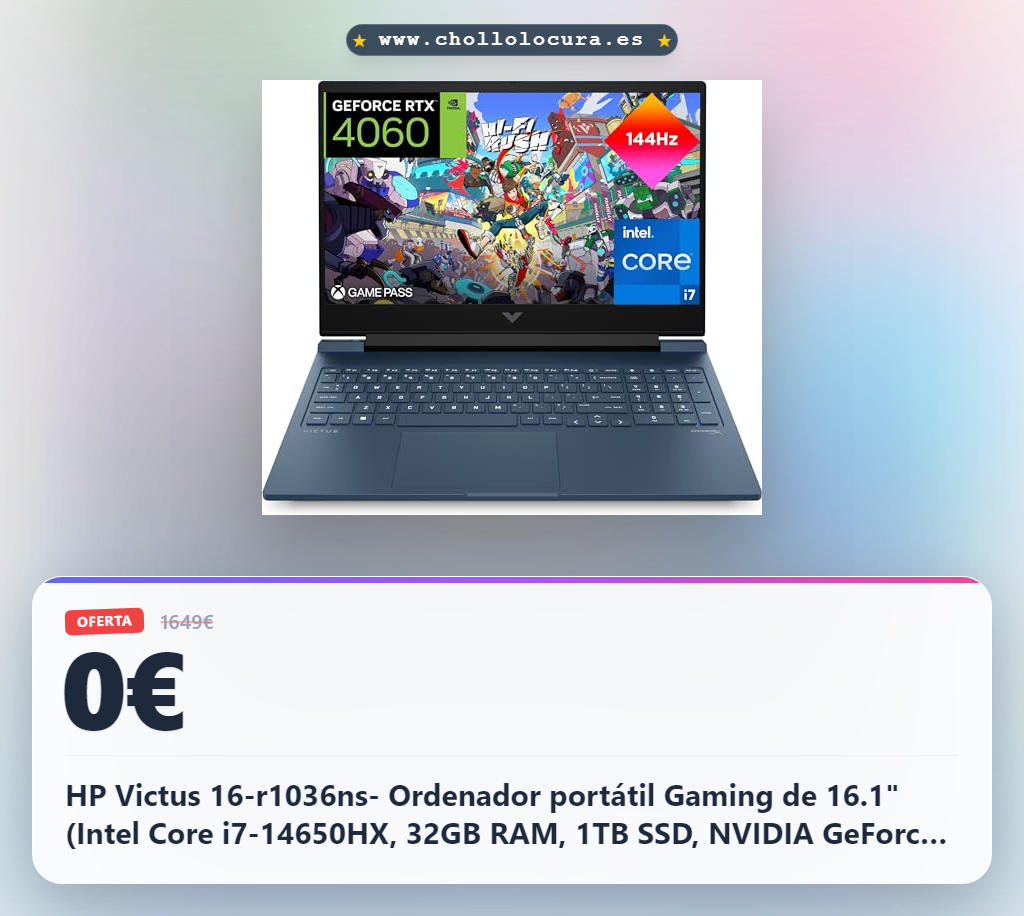 HP Victus 16-r1036ns- Ordenador portátil Gaming de 16.1" (Intel Core i7-14650HX, 32GB RAM, 1TB SSD, NVIDIA GeForce RTX 4060 8GB 120 TDP, Sin Sistema Operativo) Blue - Teclado QWERTY Español