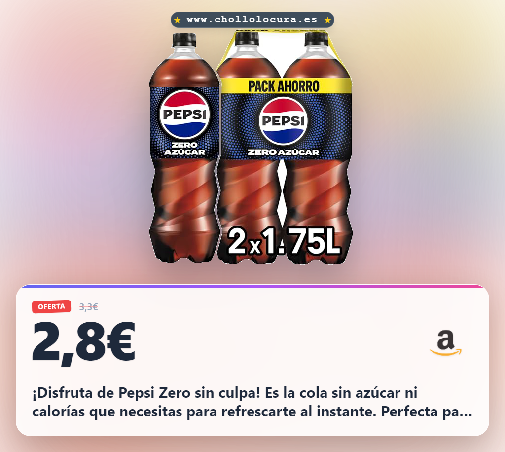 Aprovecha Pepsi Zero sin azúcar ni calorías en oferta histórica. Disfruta de un refresco clásico perfecto para reuniones y aperitivos.