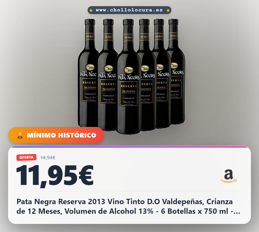 Pata Negra Reserva 2013 Vino Tinto D.O Valdepeñas, Crianza de 12 Meses, Volumen de Alcohol 13% - 6 Botellas x 750 ml - Total: 4500 ml