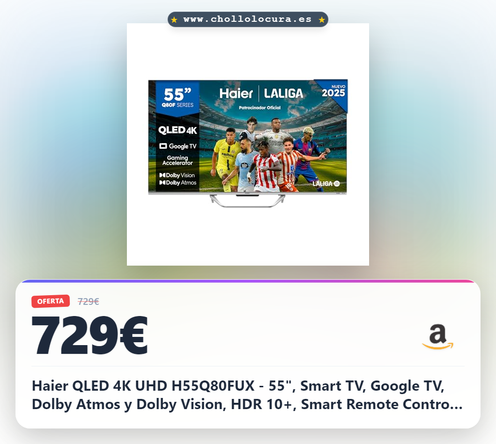 Haier QLED 4K UHD H55Q80FUX - 55", Smart TV, Google TV, Dolby Atmos y Dolby Vision, HDR 10+, Smart Remote Control, Google Assistant, Bluetooth 5.1, DBX TV, HDMI 2.1 x 4, Sin Marcos, 2025