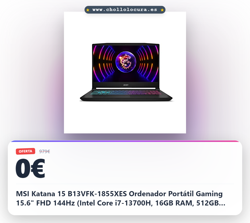 MSI Katana 15 B13VFK-1855XES Ordenador Portátil Gaming 15.6" FHD 144Hz (Intel Core i7-13700H, 16GB RAM, 512GB SSD, RTX 4060-8GB, Sin Sistema Operativo) Negro, Teclado QWERTY Español