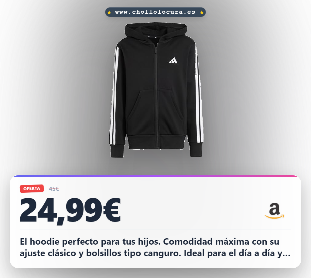 Encuentra el hoodie adidas infantil full zip 9-10 años con cremallera y bolsillo a precio de chollo