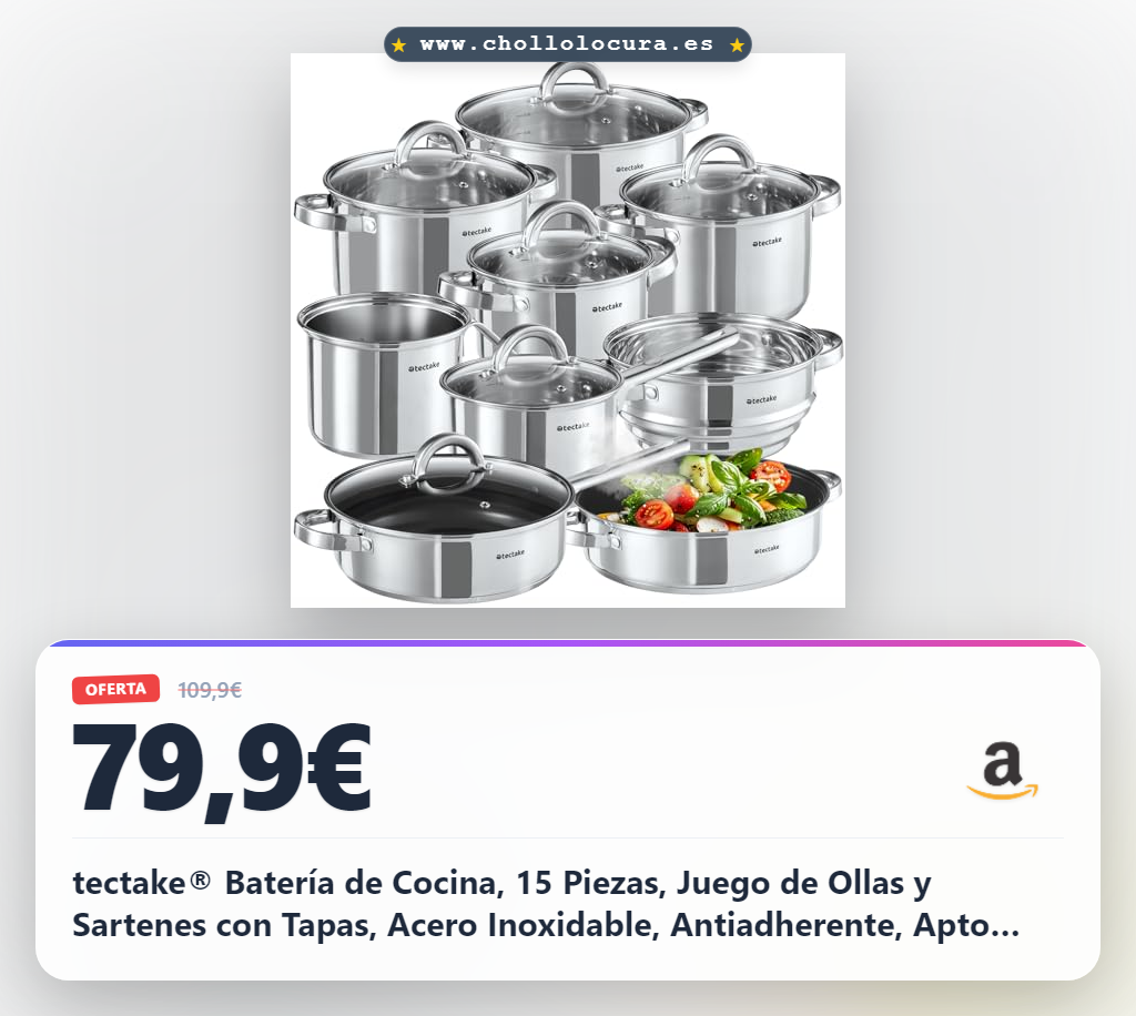 tectake® Batería de Cocina, 15 Piezas, Juego de Ollas y Sartenes con Tapas, Acero Inoxidable, Antiadherente, Apto para Inducción, Gas y Eléctrico, Fácil Limpieza, Ideal para Cocina y Lavavajillas
