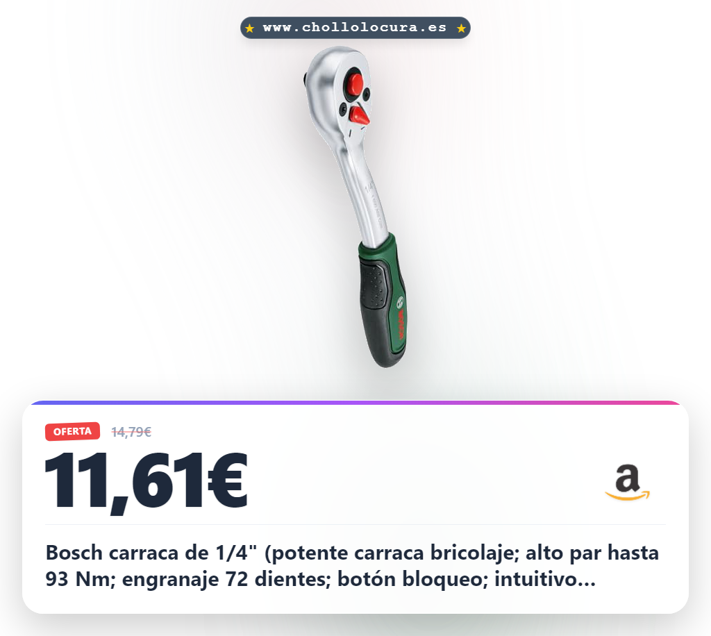 Bosch carraca de 1/4" (potente carraca bricolaje; alto par hasta 93 Nm; engranaje 72 dientes; botón bloqueo; intuitivo interruptor dirección; cuello curvado; empuñadura ergonómica)