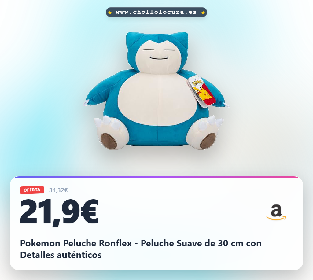 Pokemon Peluche Ronflex - Peluche Suave de 30 cm con Detalles auténticos