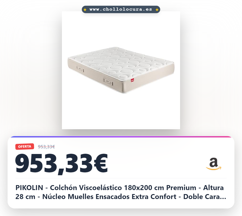 PIKOLIN - Colchón Viscoelástico 180x200 cm Premium - Altura 28 cm - Núcleo Muelles Ensacados Extra Confort - Doble Cara - Tratamiento Higiénico Triple Barrera - Fabricado en España - Modelo Shire