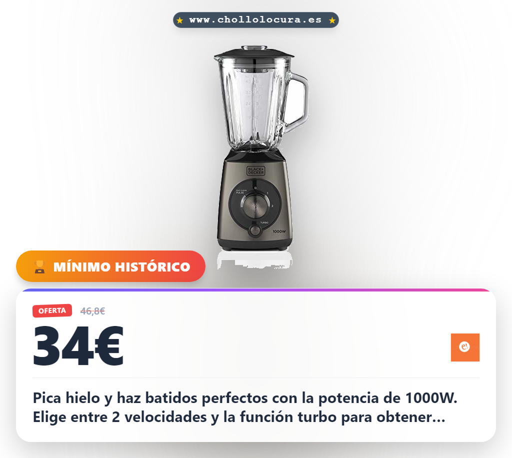 Consigue la Batidora Black+Decker BXJB1000E de 1000W: Pica hielo, haz smoothies y zumos al mejor precio.
