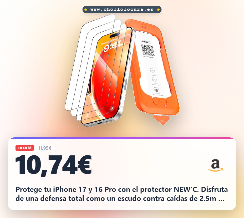 Consigue el protector de pantalla NEW'C para iPhone 17 y 16 Pro con ajuste 3D y resistencia 9H.
