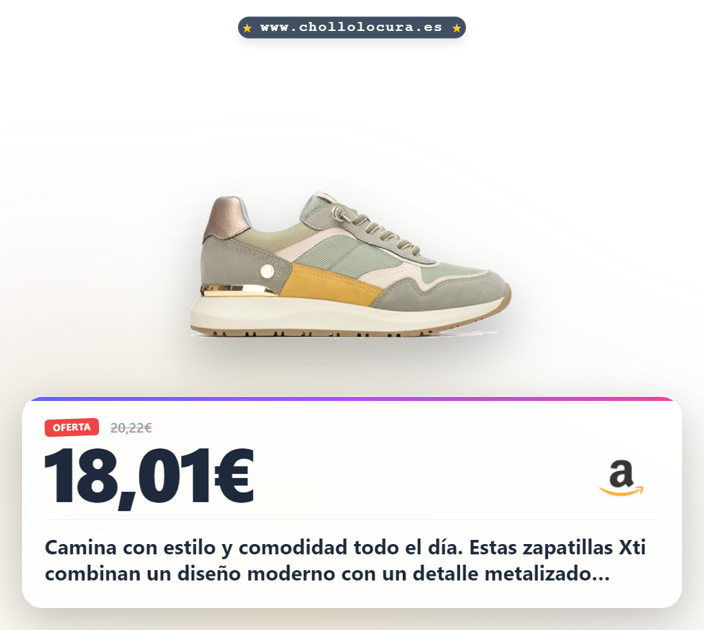 Camina con estilo y comodidad todo el día. Estas zapatillas Xti combinan un diseño moderno con un detalle metalizado elegante. Su suela extra cómoda te da el soporte que necesitas para tus paseos urbanos. Calidad y versatilidad en un solo zapato.