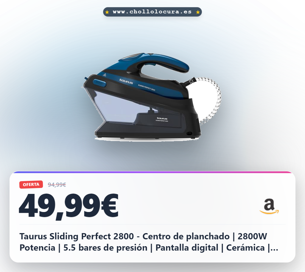 Taurus Sliding Perfect 2800 - Centro de planchado | 2800W Potencia | 5.5 bares de presión | Pantalla digital | Cerámica | Super vapor de 400g/min | Modo ECO | Planchado vertical | Azul